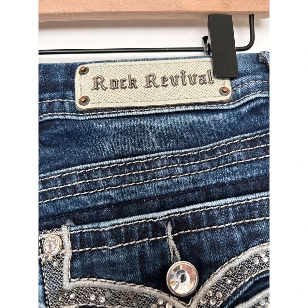 Rock Revival Western Y2K Iselin Easy Boot Jeans 31 Dark Wash Rhinestone - Picture 3 of 10